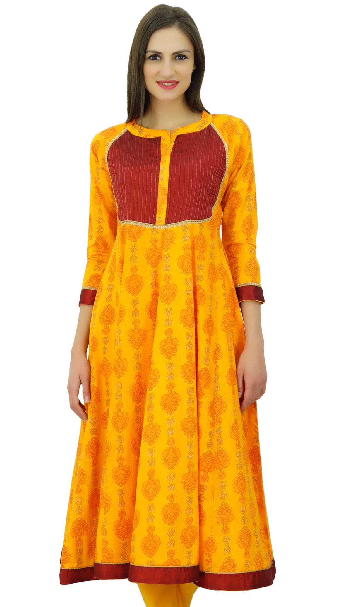 Bimba Women Anarkali Designer Cotton Kurti 3/4 Sleeve Ladies Kurta Custom Dress Yellow