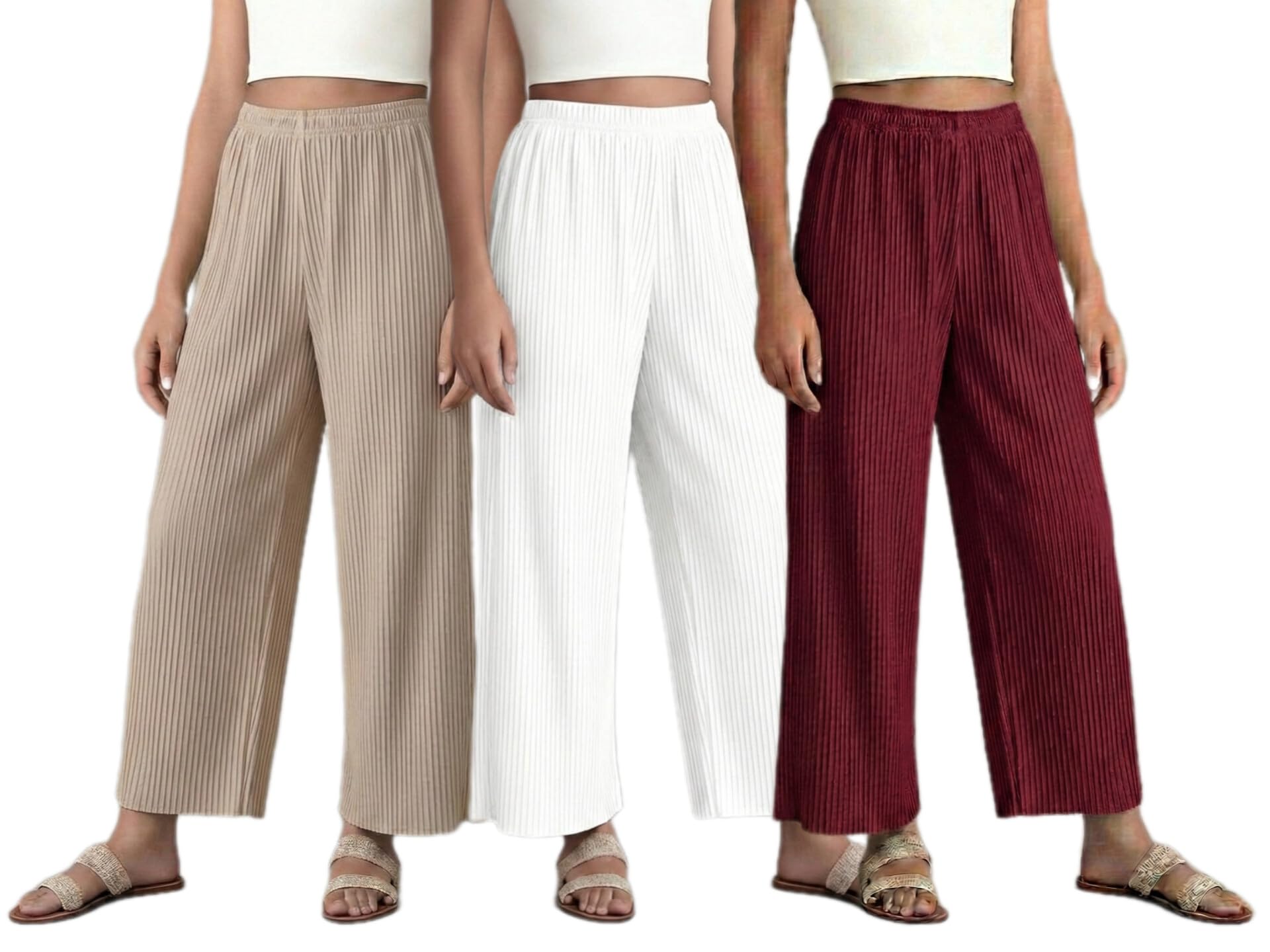 Combo Pack Women's Relaxed Stretchable Regular Fit Trouser Pants Palazzos Lightweight Elastic Waistband Bottoms for Daliy Office & Casual Wear Maroon,Beige-image-34