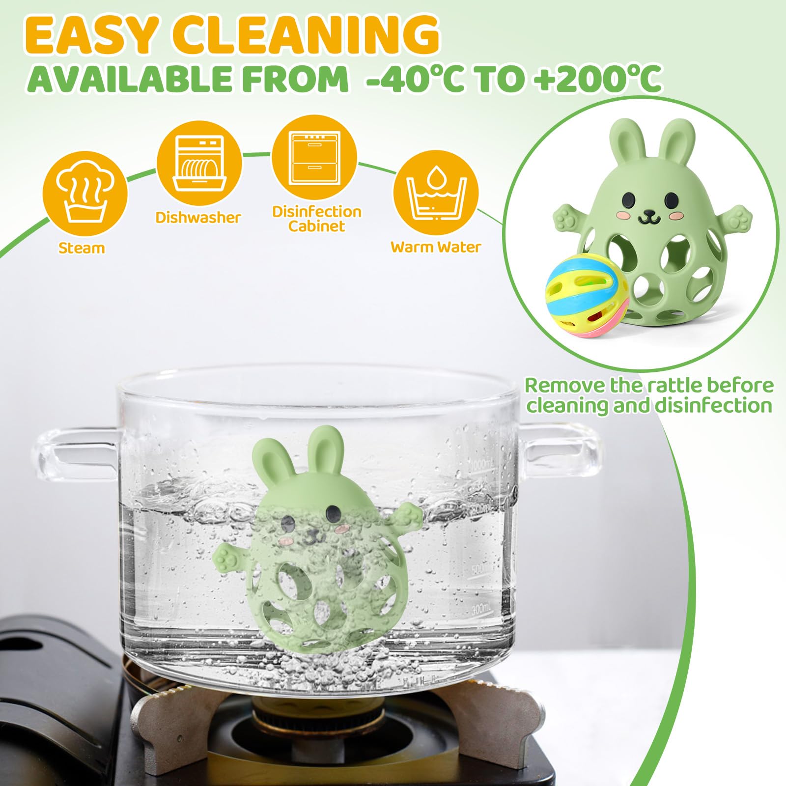 Orzbow Multiuso Massaggia Gengive Neonati Freezer, Silicone Sonaglio Neonato 0-3-6-9 mesi, Giochi Montessori con Design Openwork, Leggeri, Traspiranti, Facile Impugnare & Pulire, Verde Oliva