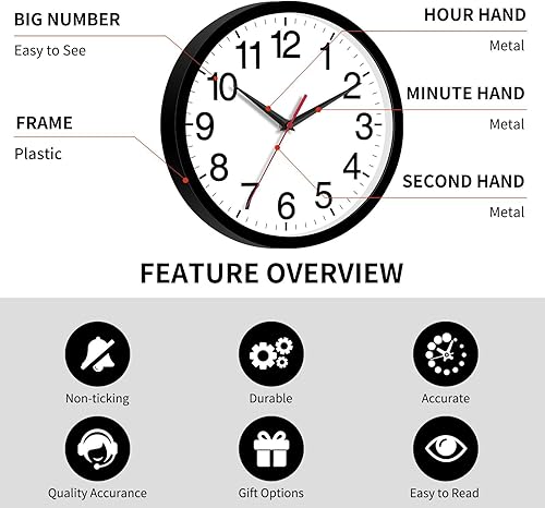 Wall Clock Modern 8 Inch Battery Operated Silent Non Ticking Small Analog Clock for Living Room Office Home Bedroom Kitchen Bathroom(Black)(A_black,14 Inch)