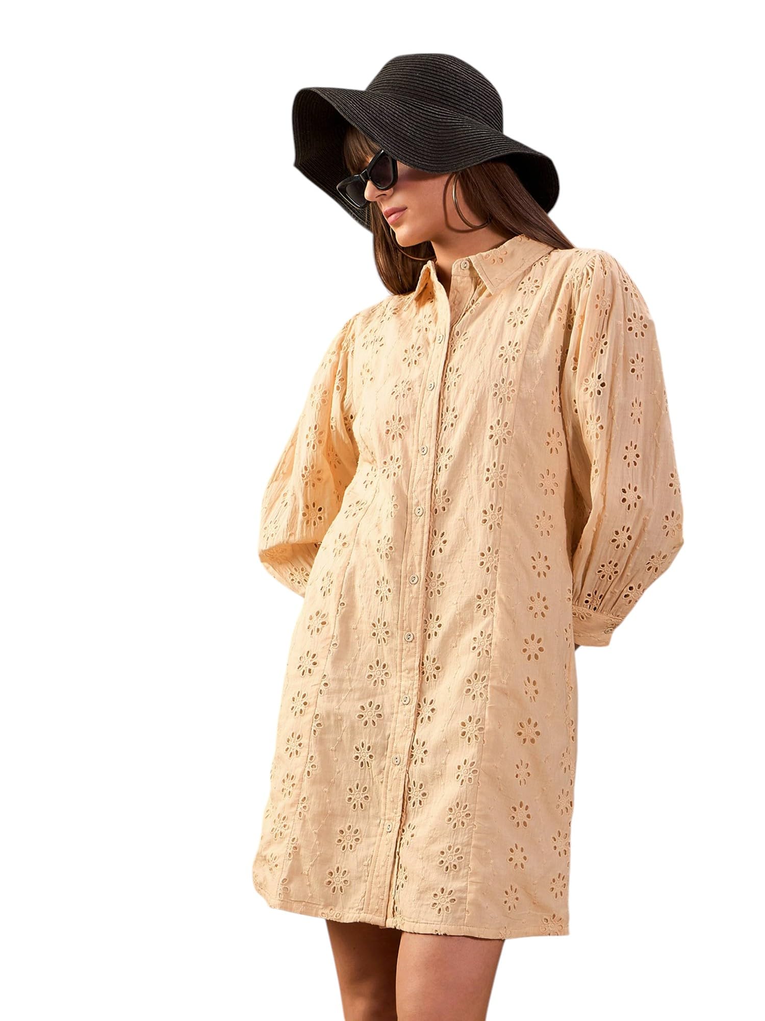SASSAFRAS White Schiffli Shirt Dress in white