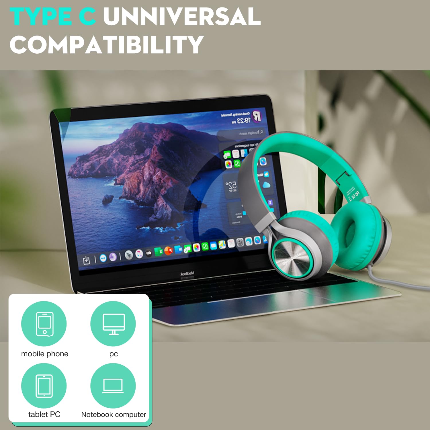 Bywulanda Cuffie USB C con microfono e controllo del volume, cuffie stereo over-ear per iPhone 15 16 Pro, cuffie pieghevoli cablate per smartphone, Chromebook, laptop, tablet, da viaggio