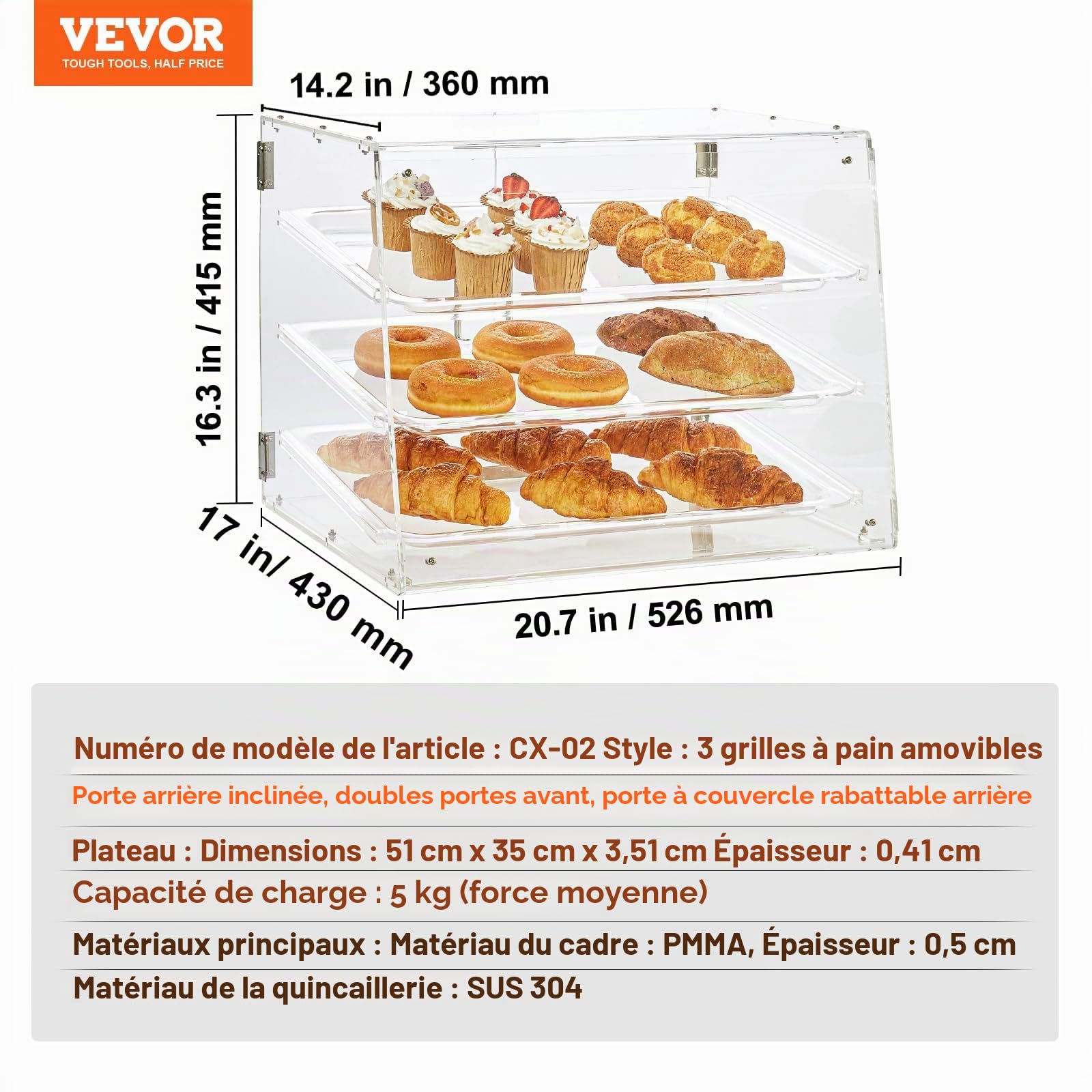 VEVOR Présentoir à Pâtisserie à 3 Niveaux Vitrine de Boulangerie Transparente en Acrylique Étagère Présentation Pâtisserie Amovible pour Pain Viennoiserie Dessert Bonbons Bar Café Magasin Restaurant