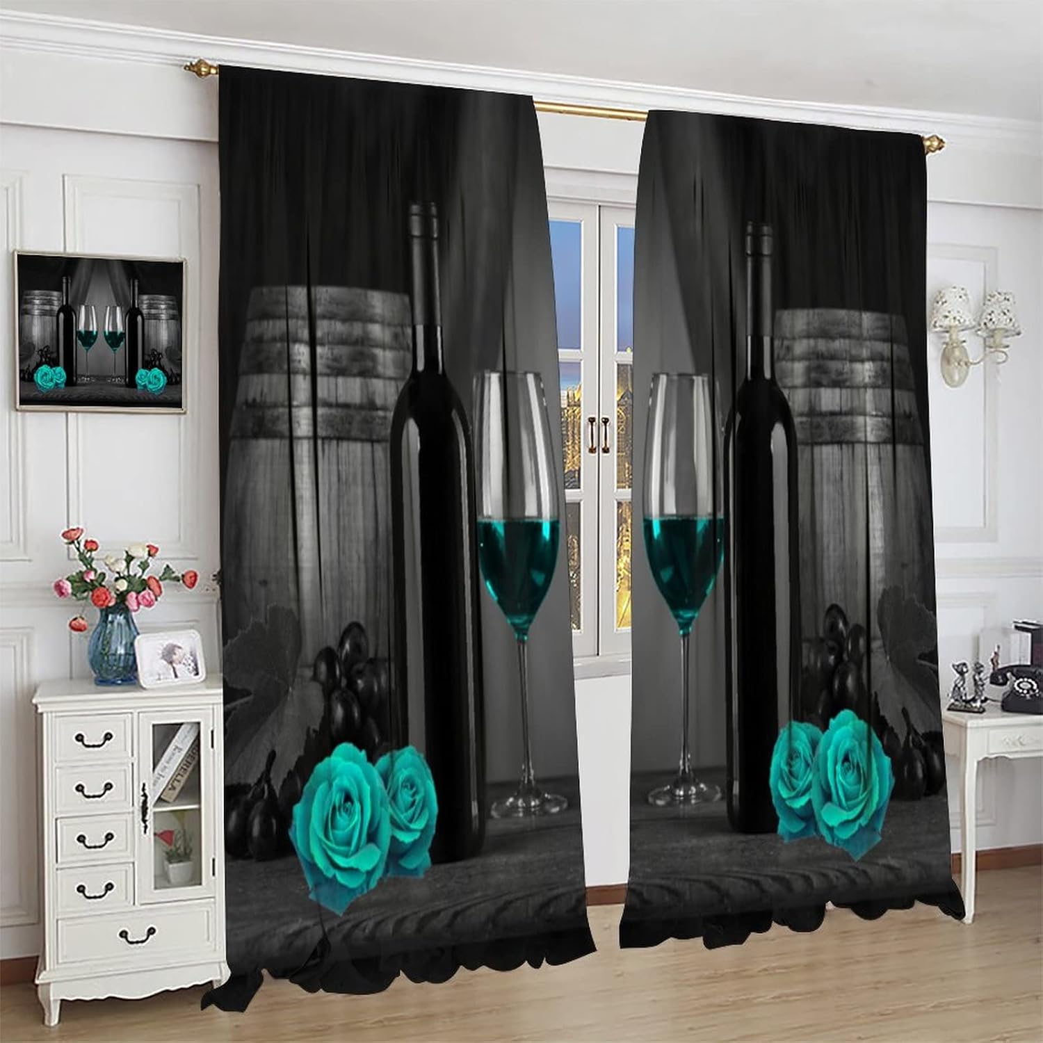 Blue Wine Blackout Curtains,Romantic Blue Rose Flower Woman Lover Window Drapes,Vintage Rustic Cellar Wooden Table Black Teal Grape Wine Curtains for Kitchen Bedroom Living Room Cafe 42x45 Inch