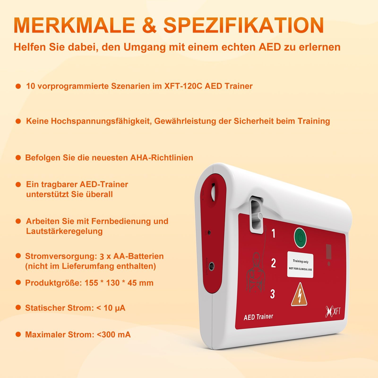 AED Trainer Deutsch, AED Trainingsgerät 10 Verschiedene Szenarien Deutsch&Englisch Sprachansagen mit Fernbedienung AED-Trainer mit CPR Lehrgerät für Erste-Hilfe-Schulungen XFT-120C