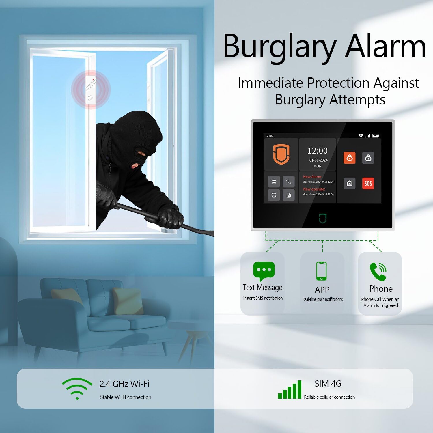 Wolf Guard WT4F-01A Sistema de Alarma 4G + WiFi Pantalla Táctil 7" | Sistema Completo Inteligente Tuya, App/SMS/Alarma de Llamada Telefónica, Sirena Exterior 110 dB, Sensores Incluidos