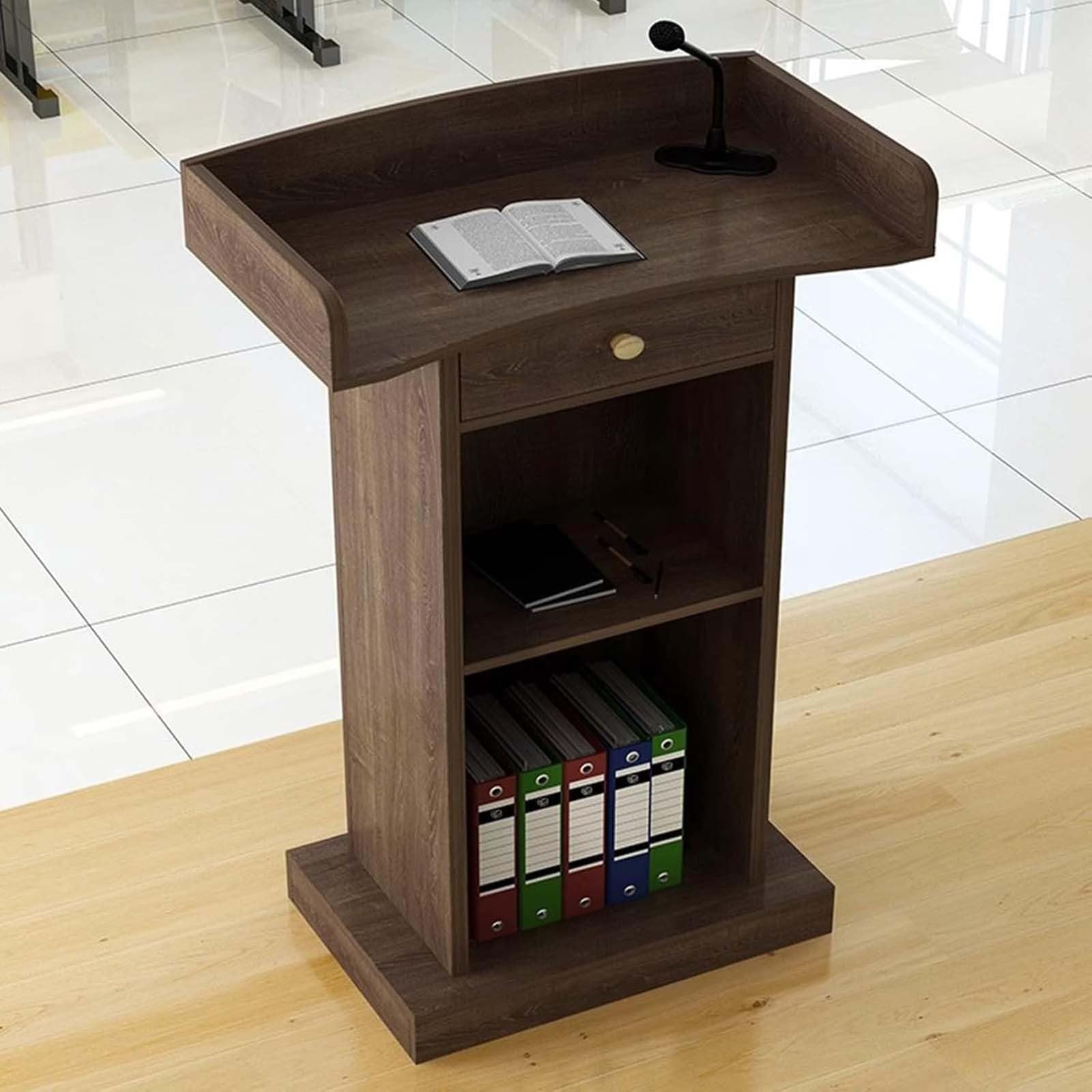 Atril de Madera para Iglesia, podio de pie con cajón para conferencias, auditorios, seminarios y escuelas. Walnut+Drawer