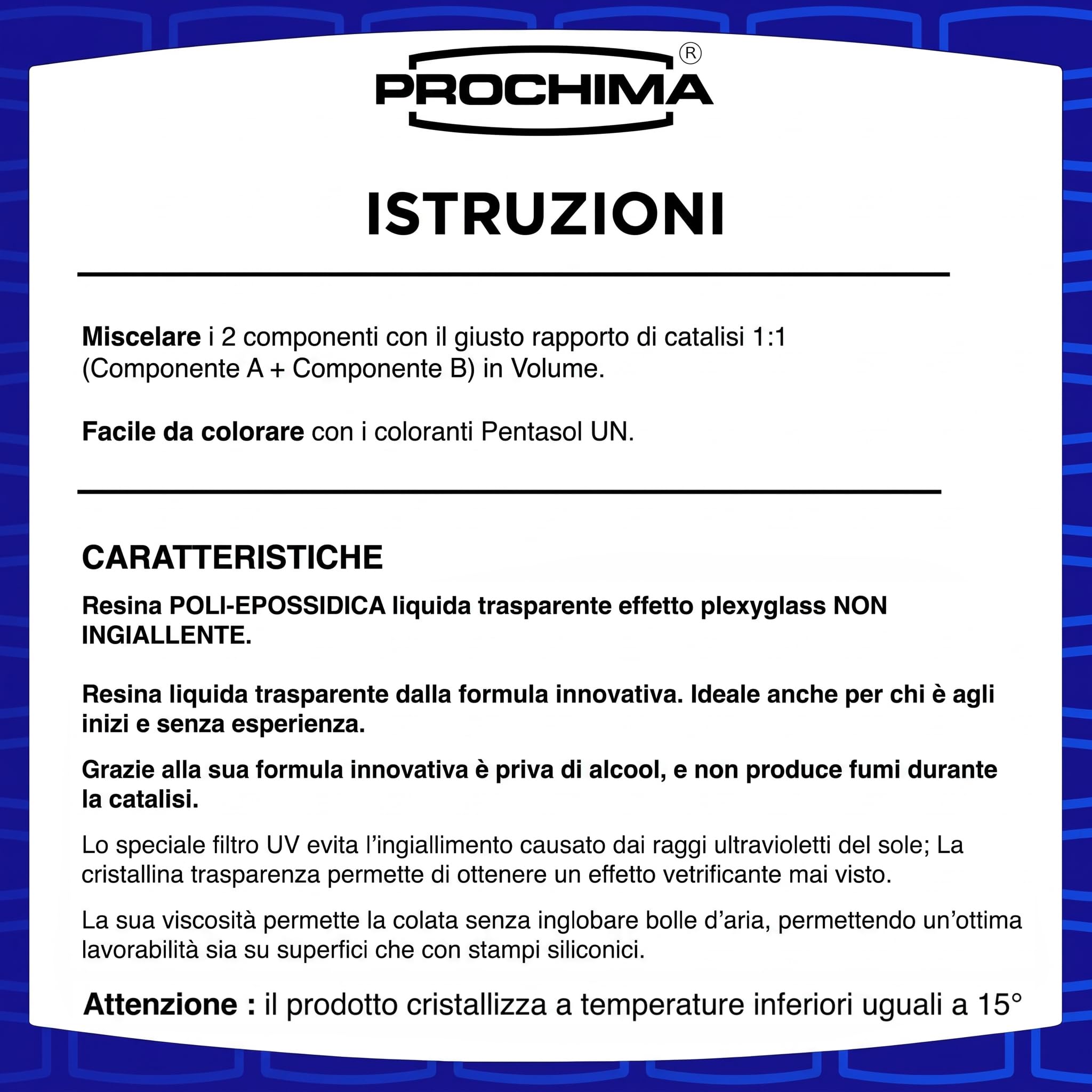 PROCHIMA, Resina epoxi transparente A + B 1:1, crea un efecto Plexyglass que no se amarillea, no tóxica, colorable, fácil de usar, certificado Pn1, 5 kg