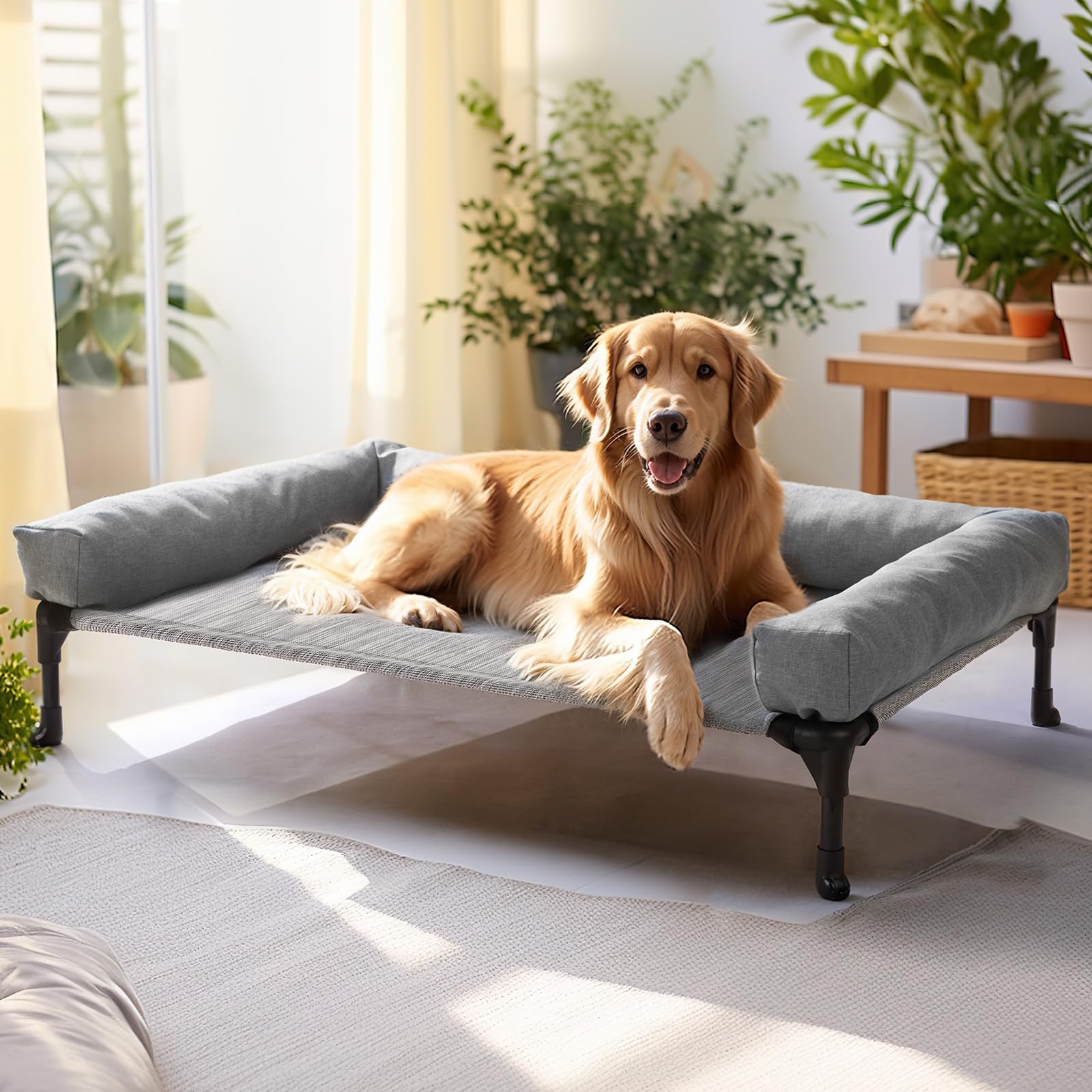 Veehoo Cooling Elevated Dog Bed with Removable Bolster, Soft Pillow Dog Cots Bed, Portable Raised Pet Cot with Washable Mesh, No-Slip Feet Dog Sofa Bed for Indoor and Outdoor, Large, Black Silver