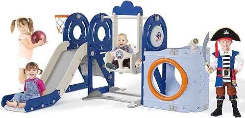 Miniatura 1 de Juego de tobogán y columpio 5 en 1 para niños pequeños, con temática de barco pirata para niños de 1 a 3 años, tobogán para niños con casa de juegos