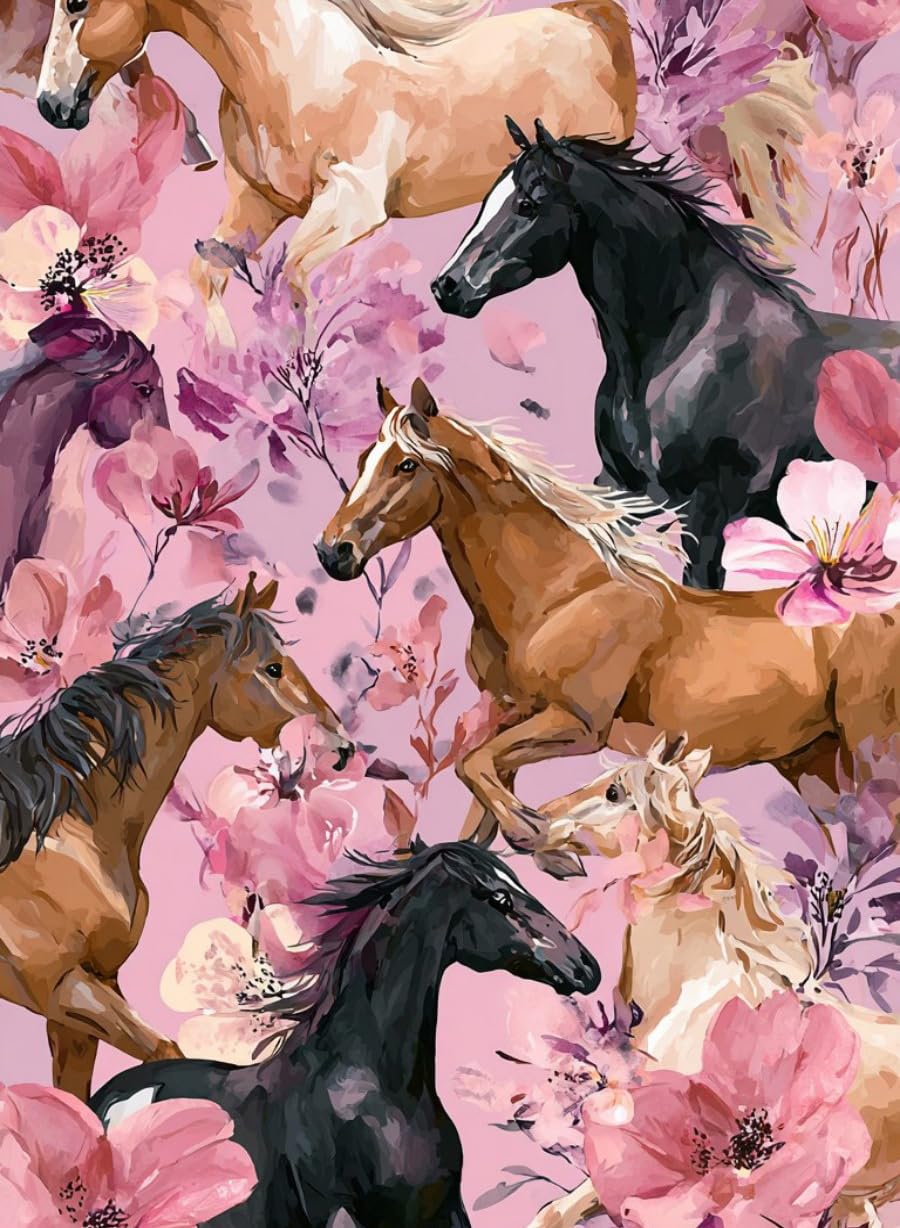 WANGWANGMIAO Paint by Number for Adults Galloping Horses Romantic Flowers,Painting by Numbers Kits for Beginners,Colorful Oil Paints Craft Art for Home Wall Decor Gift 20X16Inch，Without Frame
