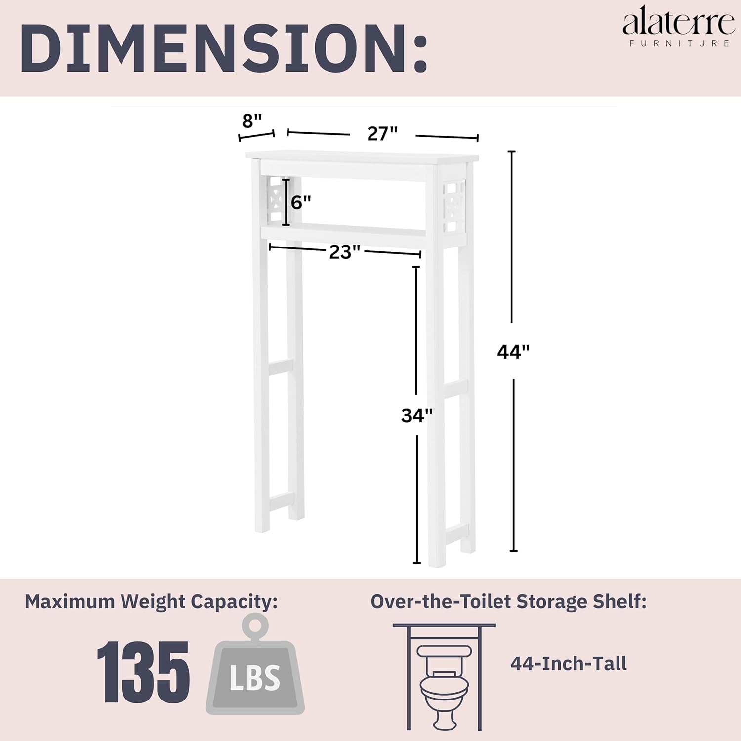 Derby Over-The-Toilet Storage Shelf – 44" Tall Modern Bathroom Space Saver with Open Shelves – Freestanding Organizer Rack for Toiletries & Towels by Alaterre Furniture (White)