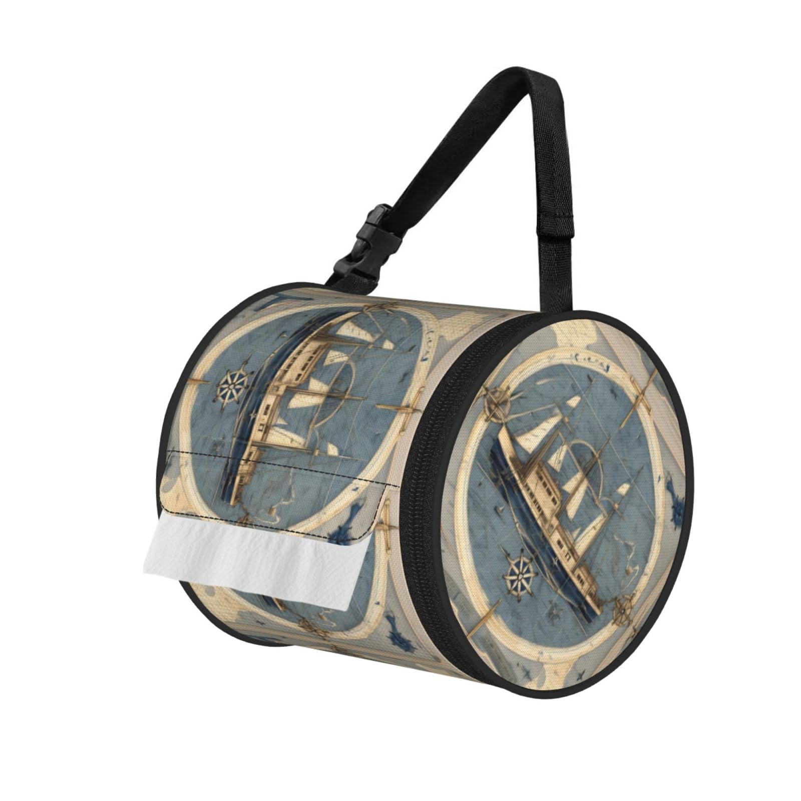 Jiuty Black Nautical Sailboat Map Print Print Cylinder Tissue Organizer Bag With Strap, Portable Toilet Roll Holder For Camping Car