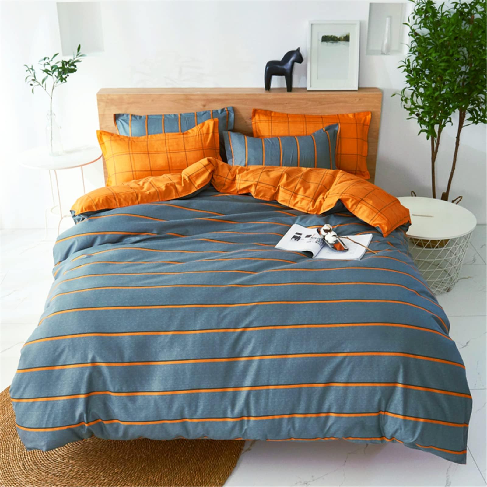 FANSU Double Duvet Cover Set 200 X 200 CM with Flat Sheet and 2 Pillowcase Reversible Double Bedding Set | 4 PCS | Microfiber | Mens Duvet Set | Orange and Grey | Zipper Closure