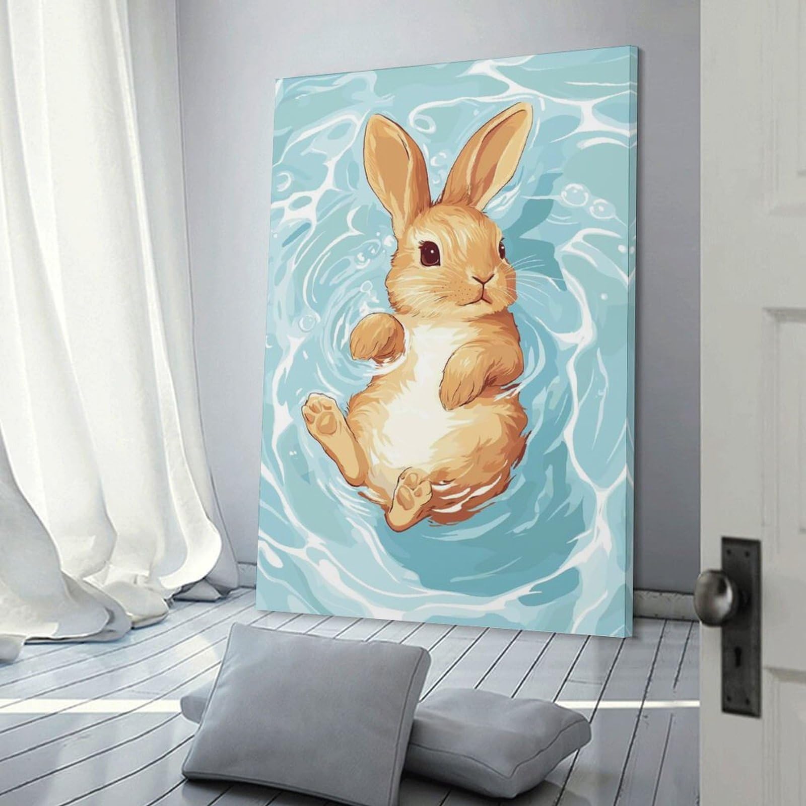 Junmoney Rabbit Swimming in Water Illustration Wall Art Print, 20x30inch(50x75cm), for Study, Office Or Focused Interiors, Home Office Artwork with Decorative Appeal