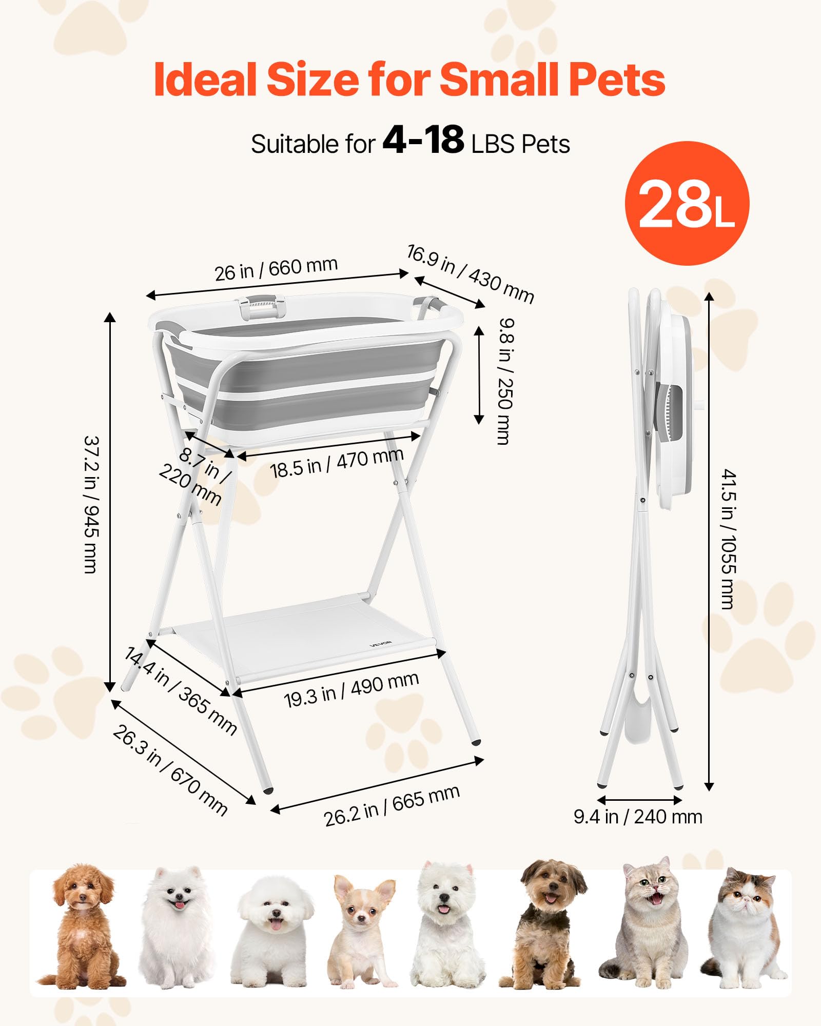 VEVOR Bañera Elevada para Perros Gatos Pequeños con Soporte, Bañera Plegable Portátil 2 en 1 para Mascotas de 1,8 a 8 kg, Estación de Baño con Estructura en X, Desagüe con Manguera, Uso en Mesa Suelo | Soporte estable y seguro, diseño fácil de usar
