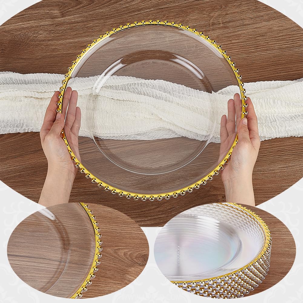 AHANDMAKER 8 placas transparentes y doradas, 33 cm, reutilizables, con borde de perlas doradas, elegantes placas decorativas para cenas, bodas, cumpleaños, fiestas
