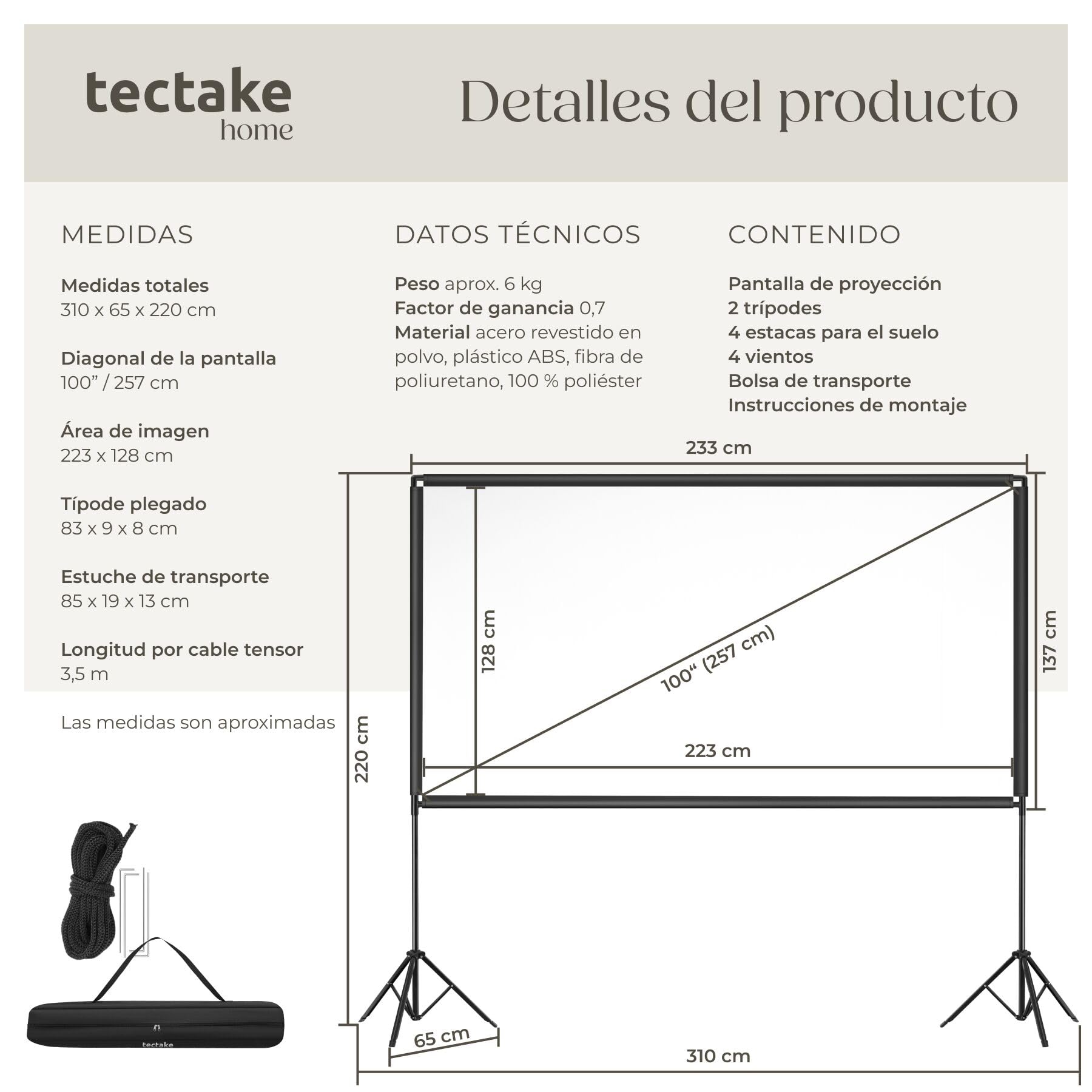 tectake® Pantalla Proyector 101 Pulgadas 16:9 Portátil, Pantalla para Proyector HD, Tela para Proyector Resistente, Plegable, Bolsa de Transporte - 310 x 220 cm