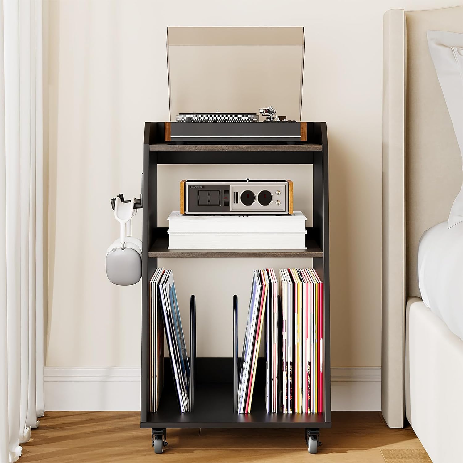 Rresyet 18.7" Record Player Stand with Wheels,3-Tier Vinyl Media Cabinet On Wheels with Open Shelves, Metal Dividers, Metal Hooks for Music Room, Living Room