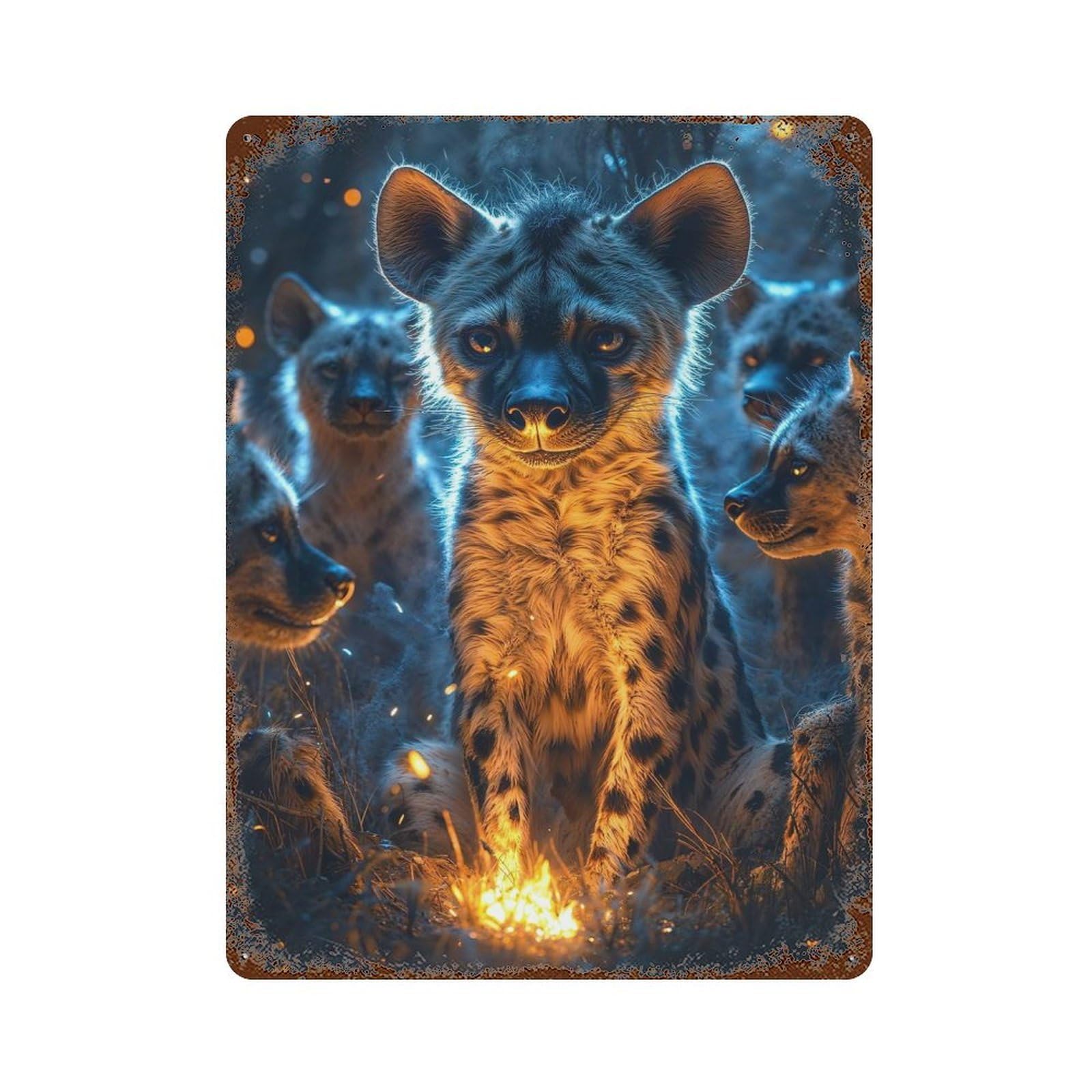 Weathered Tin Sign Hyena Pack Firelight 15.7"x11.8", Rustic Home Decor for Bistro, Counter And Cafe Decor