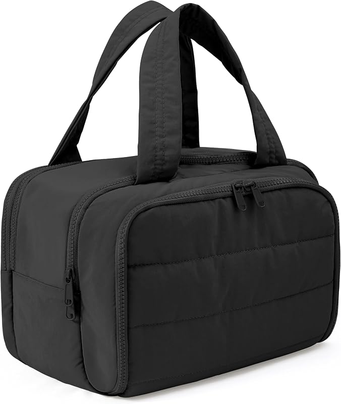 Necessaire BUZFOWU preta com abertura ampla, compartimentos e separação para itens secos e úmidos