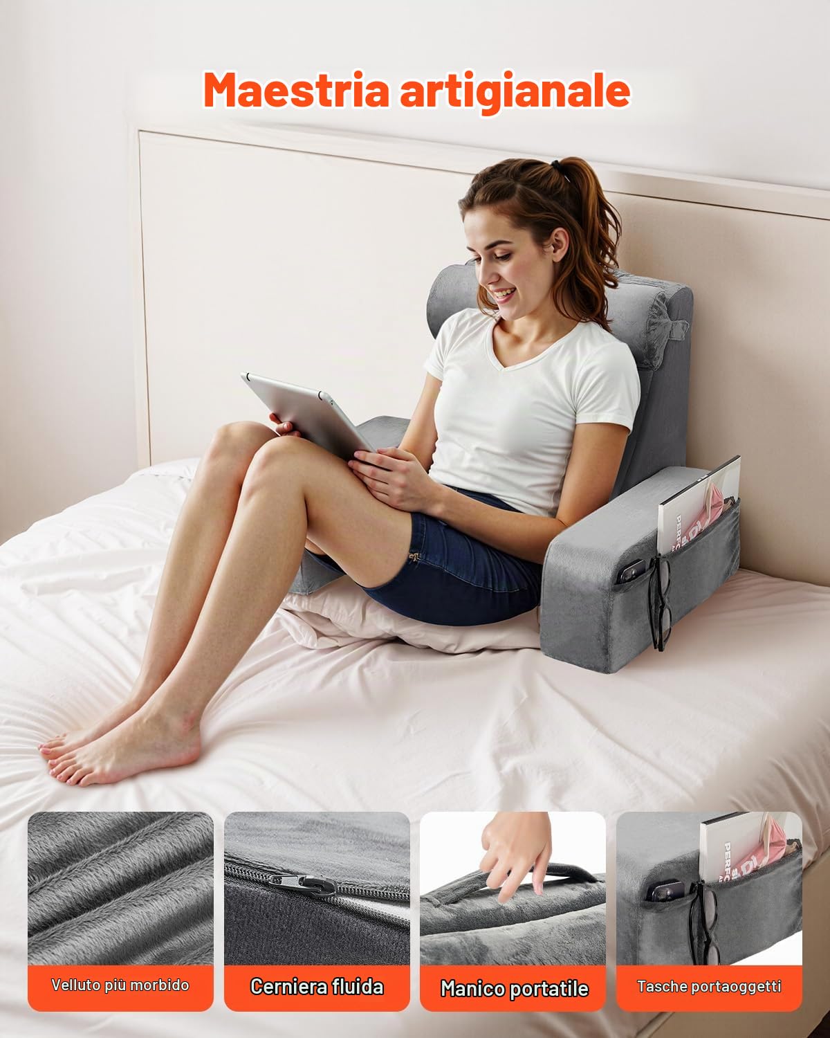 VEVOR Cuscino da Lettura per Schienale del Letto con Braccioli e 3 Tasche, Grande Cuscino da Letto con Supporto per Collo Rimovibile e Spugna 25D, per Leggere, Giocare, Riposare, Lavorare, Grigio