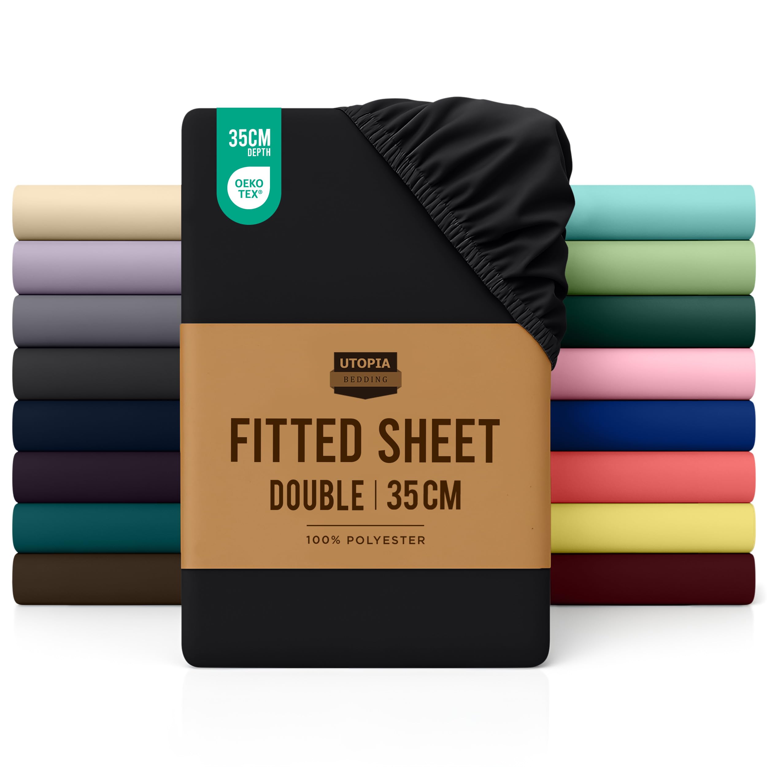 Utopia Bedding Fitted Sheet Double, Black - Deep Pocket 14 inch (35 cm) - Easy Care - OEKO-TEX Certified - Soft Brushed Microfibre Fabric - Shrinkage and Fade Resistant - Bottom SheetOEKO-TEX STANDARD 100