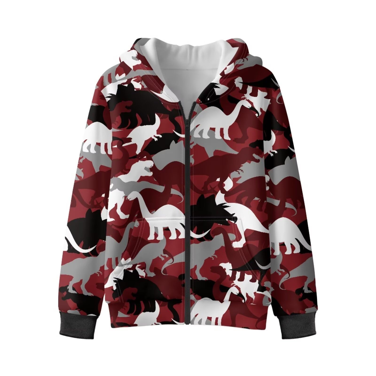 Xoenoiee Dziecięce bluzy z kapturem dla chłopców, zapinana na zamek, bluza 3D, fajna grafika zwierzęca, sweter z długim rękawem, top na jesień i zimę, Czerwone abstrakcyjne dinozaury, 12-14 Years