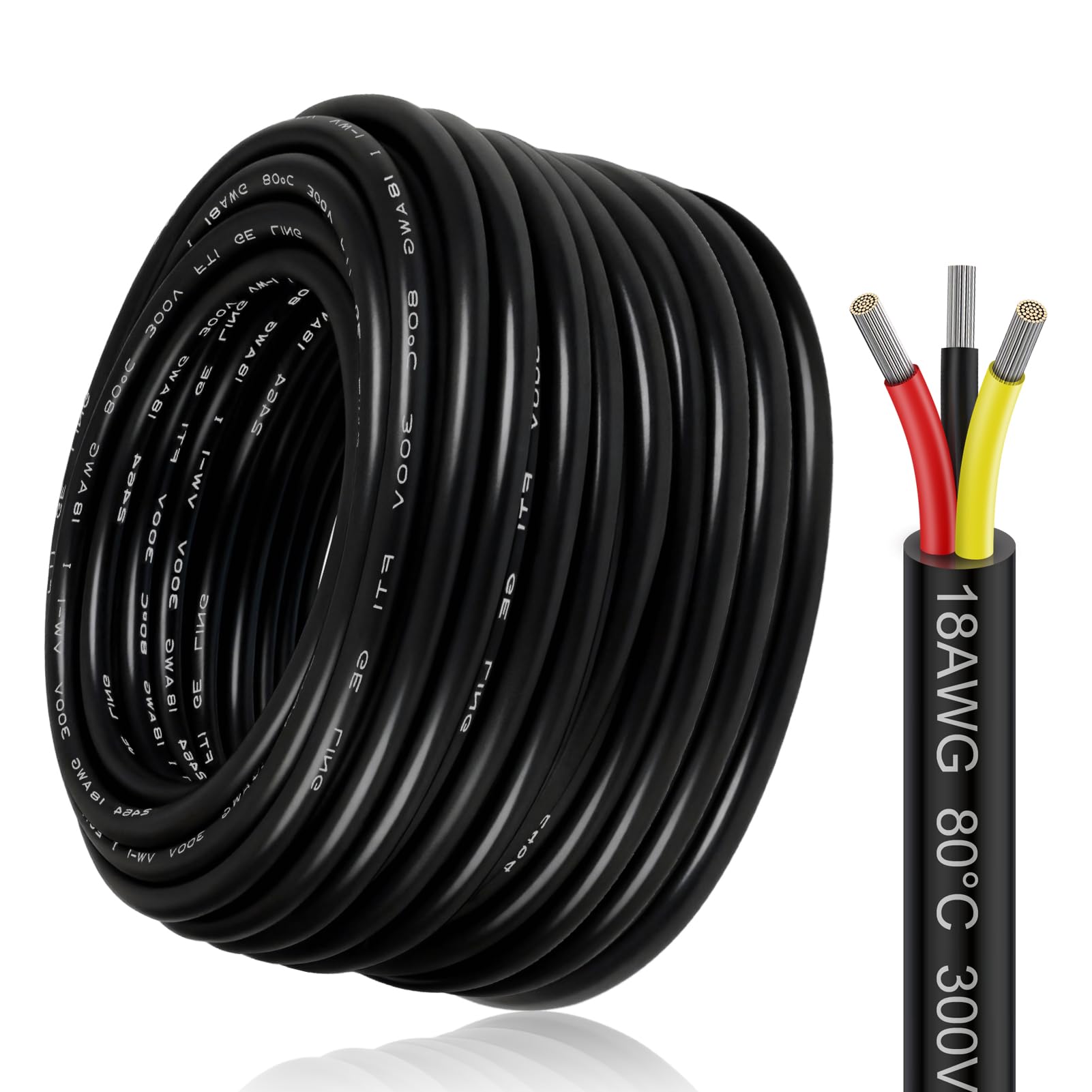 18 AWG Elektrokabel 3×0,75 mm², 3-adriges Verlängerungskabel, flexibles 5V/12V/24V weich Stromkabel, verzinntes Kupferkabel, hohe Temperaturbeständigkeit, 20 Meter / 65,6 ft