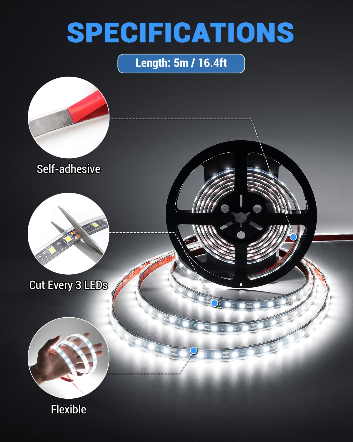 SUPAREE Bande LED 12V 5M Ruban LED 12V Fourgon Ruban LED Étanche Blanc Froid 6500K 3500LM CRI 90+ IP67 Découpable Flexible pour Camping-car RV (Sans Alimentation)