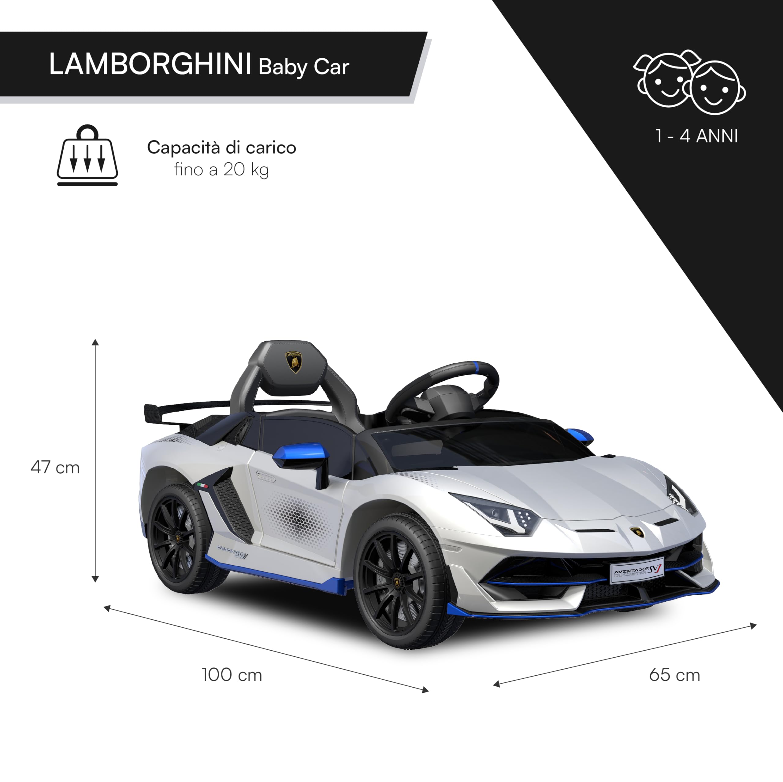 Baroni Toys Lamborghini Baby Car Elettrica 6V con Telecomando Genitori, Suoni, MP3, Retromarcia, Auto per Bambini 1-4 Anni, 100x60x50 cm Bianca