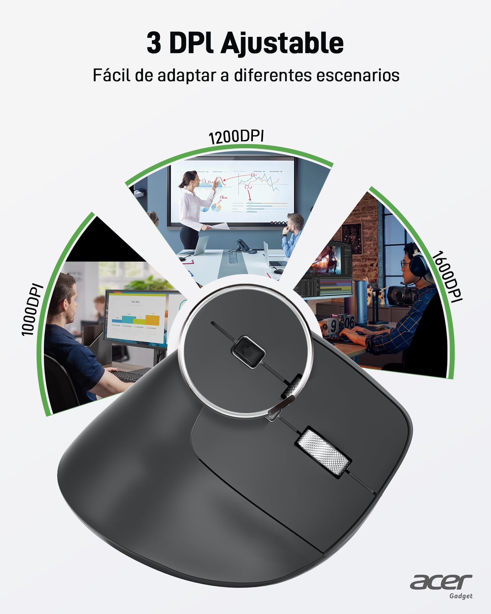 Acer Ratón Inalámbrico Ergonómico, Ratón Vertical Recargable 2,4GHz con 3 dpi Ajustables, 6 Botones, Mouse Ergonómico de Oficina Wireless Mouse Vertical para Windows, Mac OS, Linux, Chrome OS, etc.