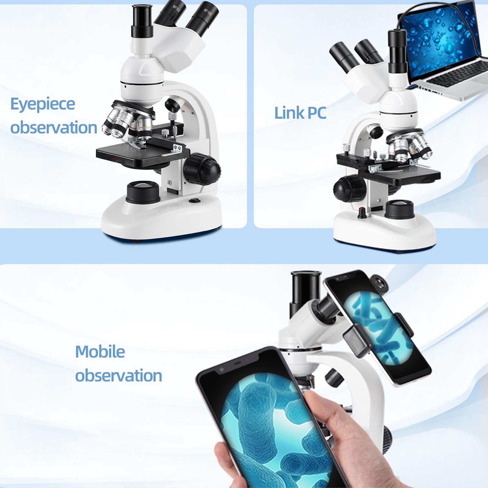 Microscopio BiolóGico Trinocular Microscopio Compuesto Profesional 40-5000x -Ocular ElectróNico/Lentes Objetivas (4X,10x,40x, 100x)/Oculares (10x,25x,2X)/Bolsa De Almacenamiento,White