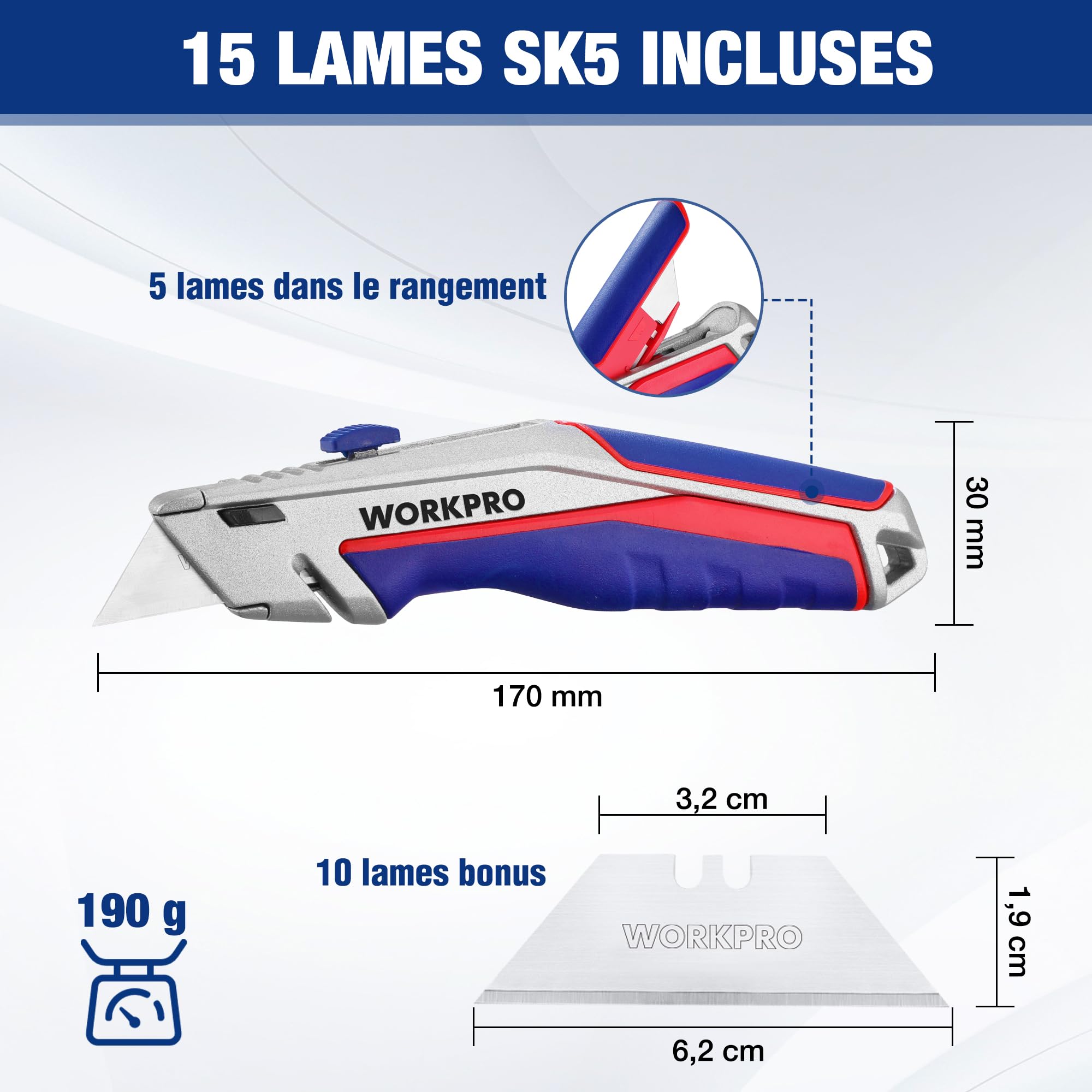 Image secondaire de WORKPRO Cutter Professionnel en Alliage de Zinc avec Mécanisme de Changement Rapide, 4 Positions Réglables, Lames Trapèzes Réser