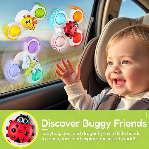 Miniatura 6 de ALASOU 3 piezas de juguetes sensoriales de viaje en avión con ventosa para niños de 1 año Novedad Spinning Tops 12 18 meses Regalo de cumpleaños