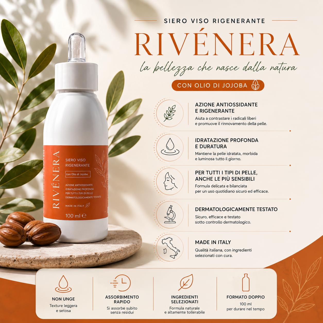 Rivenera serum do twarzy 150 ml – przeciwzmarszczkowy z kwasem hialuronowym i kolagenem – nawilżający, rozjaśniający, regenerujący do skóry dojrzałej (średnio)