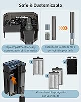 Vista 5 de Pawfly 3 W Aquarium Filter, 15 Gallon Fish Tank Filter, 60 GPH Hang on Back Aquarium Filter with Adjustable Water Flow, Sponge, Bio Balls &