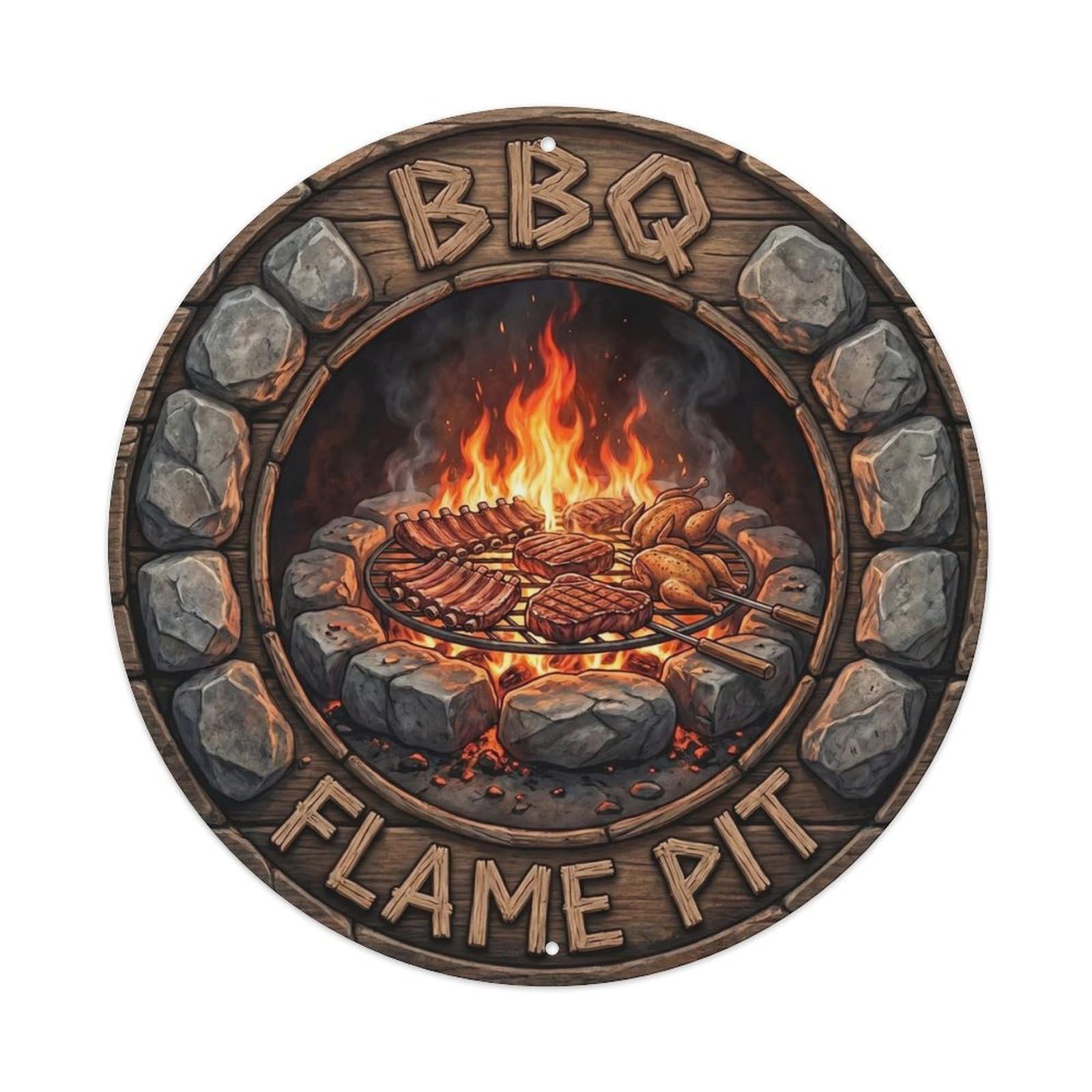 BBQ Barbecue Flame Pit Vintage Metal Tin Sign Plaque Wall Decor for Cafe, Club, Garden Round Metal Poster 8x8Inch