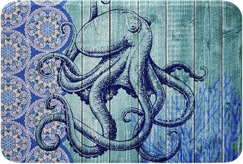 Erosebridal Tapete de baño bohemio de pulpo, mandala bohemio hippie antideslizante, absorbente, tablero de madera azul, alfombra de baño súper