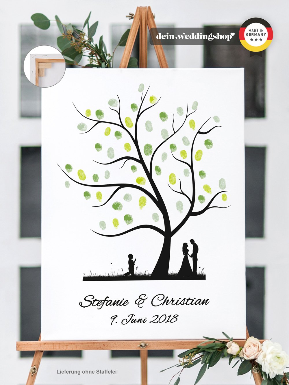 Wedding Tree – Leinwand zur Hochzeit – PERSONALISIERT – Fingerabdruckbaum, Gästebuch – Baum 1 (30 x 40 cm, Leinwand auf Keilrahmen)
