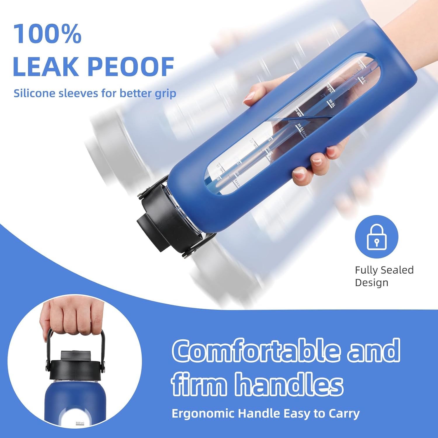 32 oz Glass Water Bottle with 2 Lids-Handle Straw Lid & Bamboo Lid,1 Liter Motivataional Tumbler Water Bottle Time Marker, Borosilicate Glass Water Bottles With Silicone Sleeve, Leakproof - Image 4