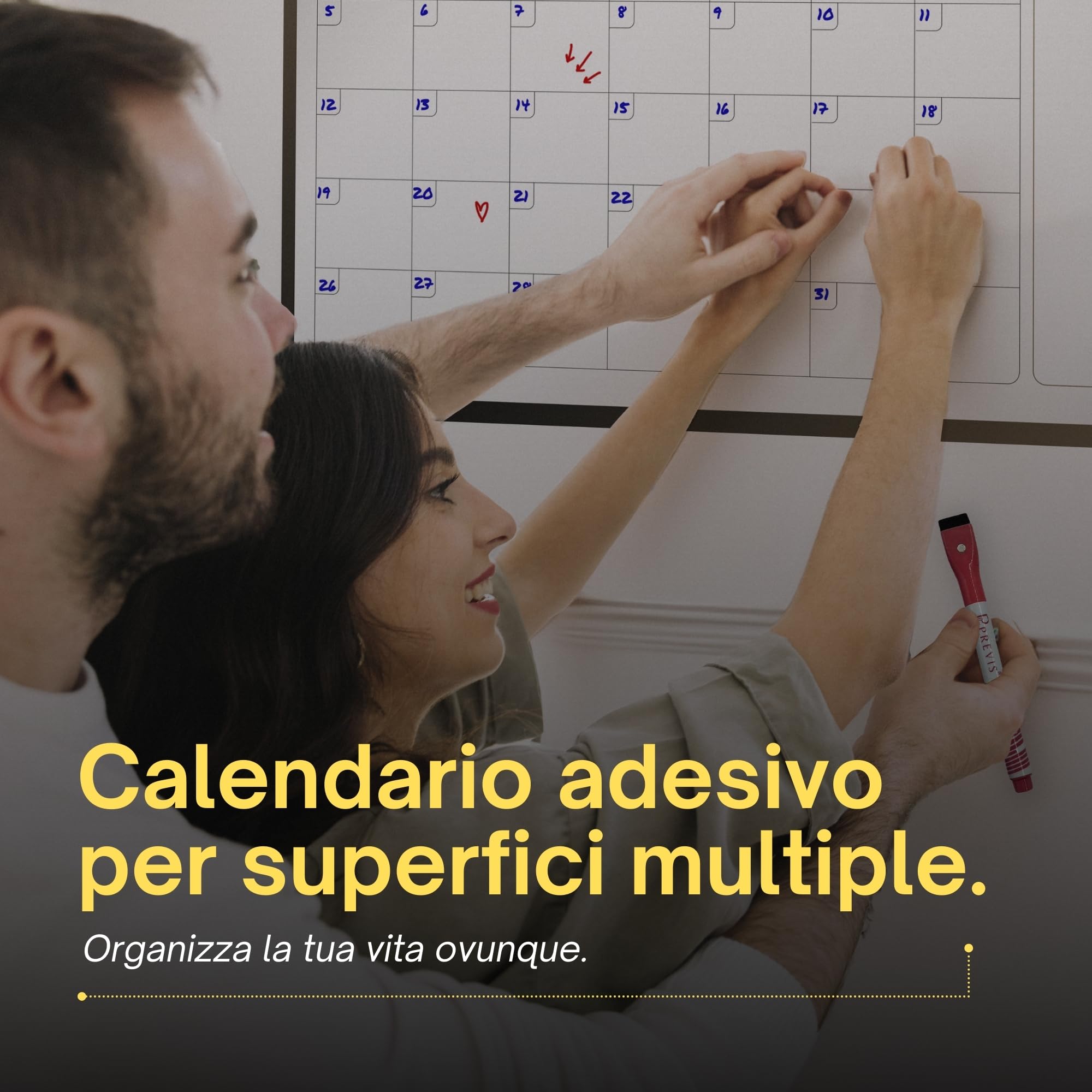 PREVIS Lavagna Calendario Magnetico da Muro Cancellabile Mensile e Settimanale 60x40CM - Planner Lavagna Magnetica da Parete con 3 Pennarelli -Adesivo che non Danneggia il Muro