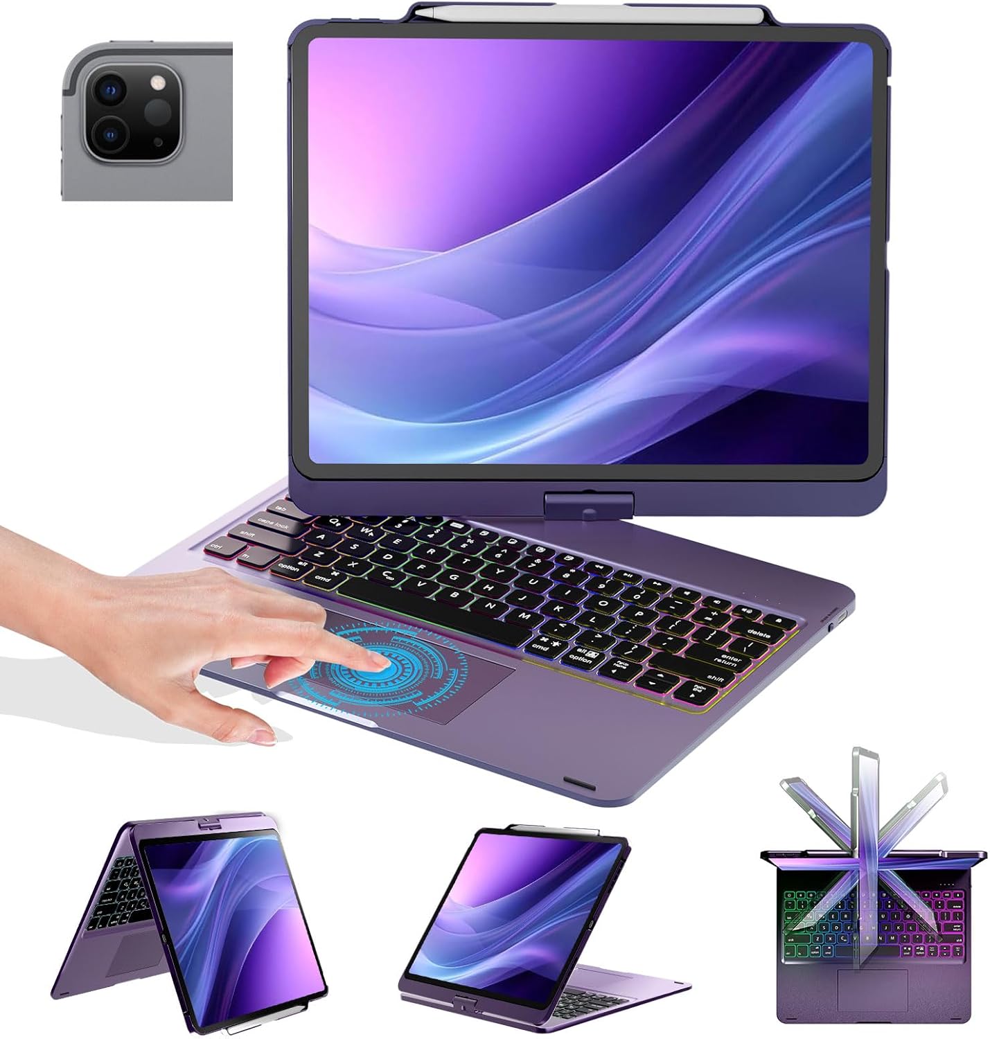 BABG Keyboard Case for iPad Air 13 inch(M3/M2)&iPad Pro 13(M5/M4),iPad Pro 12.9(6th/5th /4th/3rd Gen) Case with Keyboard,360° Rotatable,Toupad,Backlits,Pencil Charging-Midnight Purple