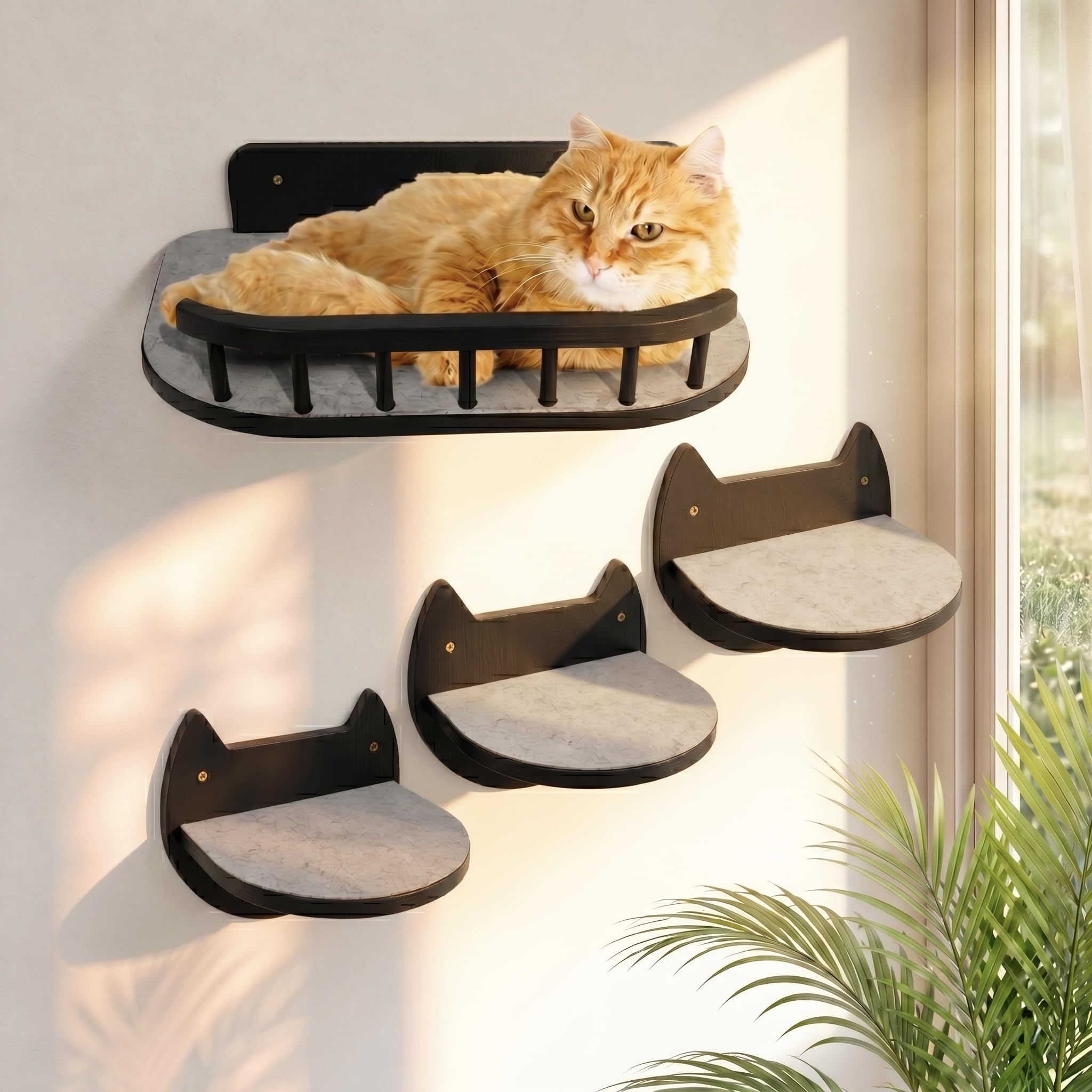 BUOGA Cat Wall Shelves โ 3 Steps Climbing Furniture & Perch for Indoor Cats up to 30lbs, Wooden Floating Shelf with Non-Slip Pad Bed, Modern Corner & Wall Mounted for Playing and Lounging - Black