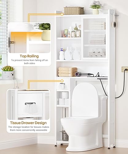 Miniatura 5 de Armario de almacenamiento sobre el inodoro con panel de puerta de acrílico y cajón de toallas de papel, estante de bambú para ahorrar espacio,