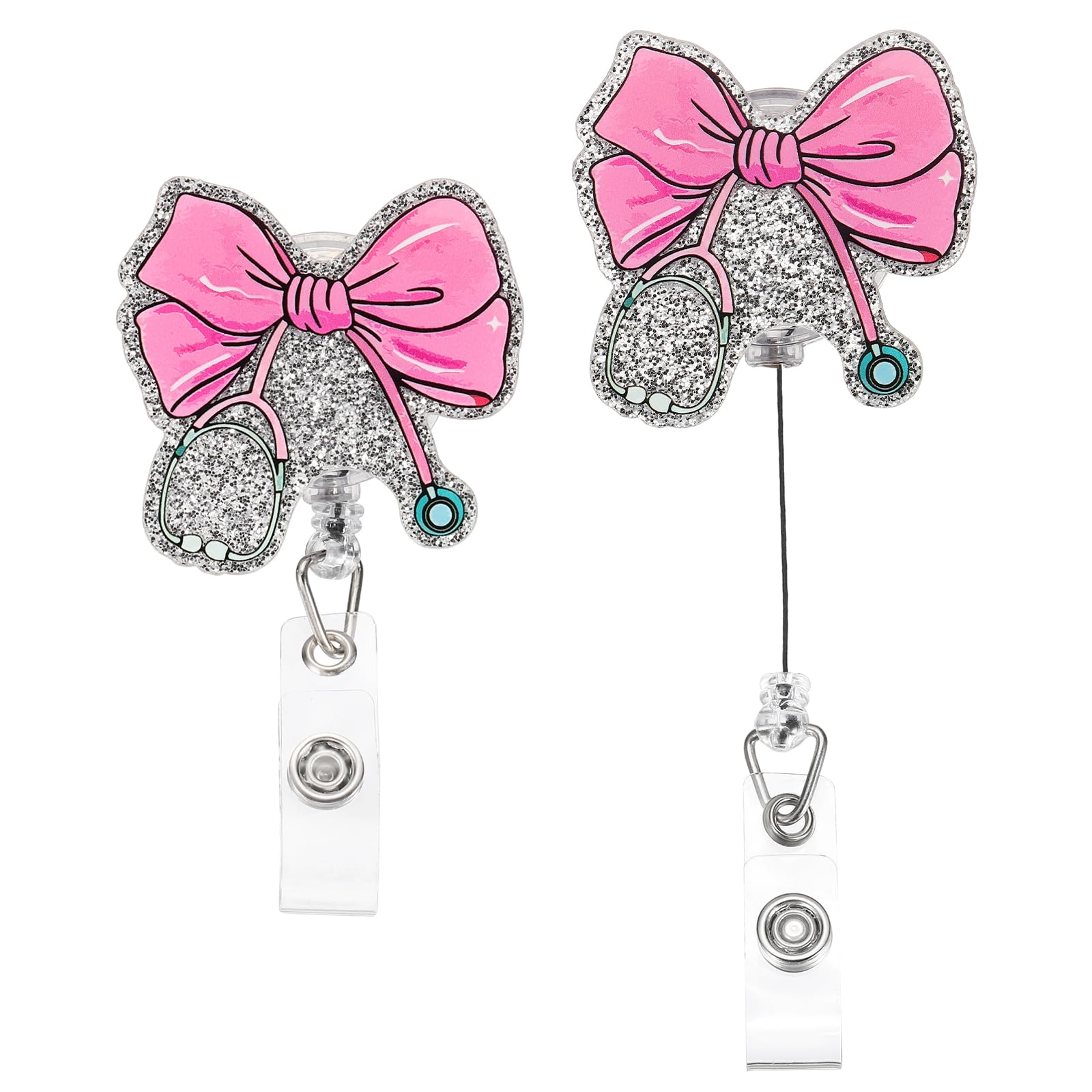 PATIKIL Bow Badge Reel, 2 Pcs Acrylic Bow Badge Holder 1.97"x1.93" ID Name Holder Reels Accessories with Retractable Cord & Alligator Clip for Office Worker Teacher, Silver Pink