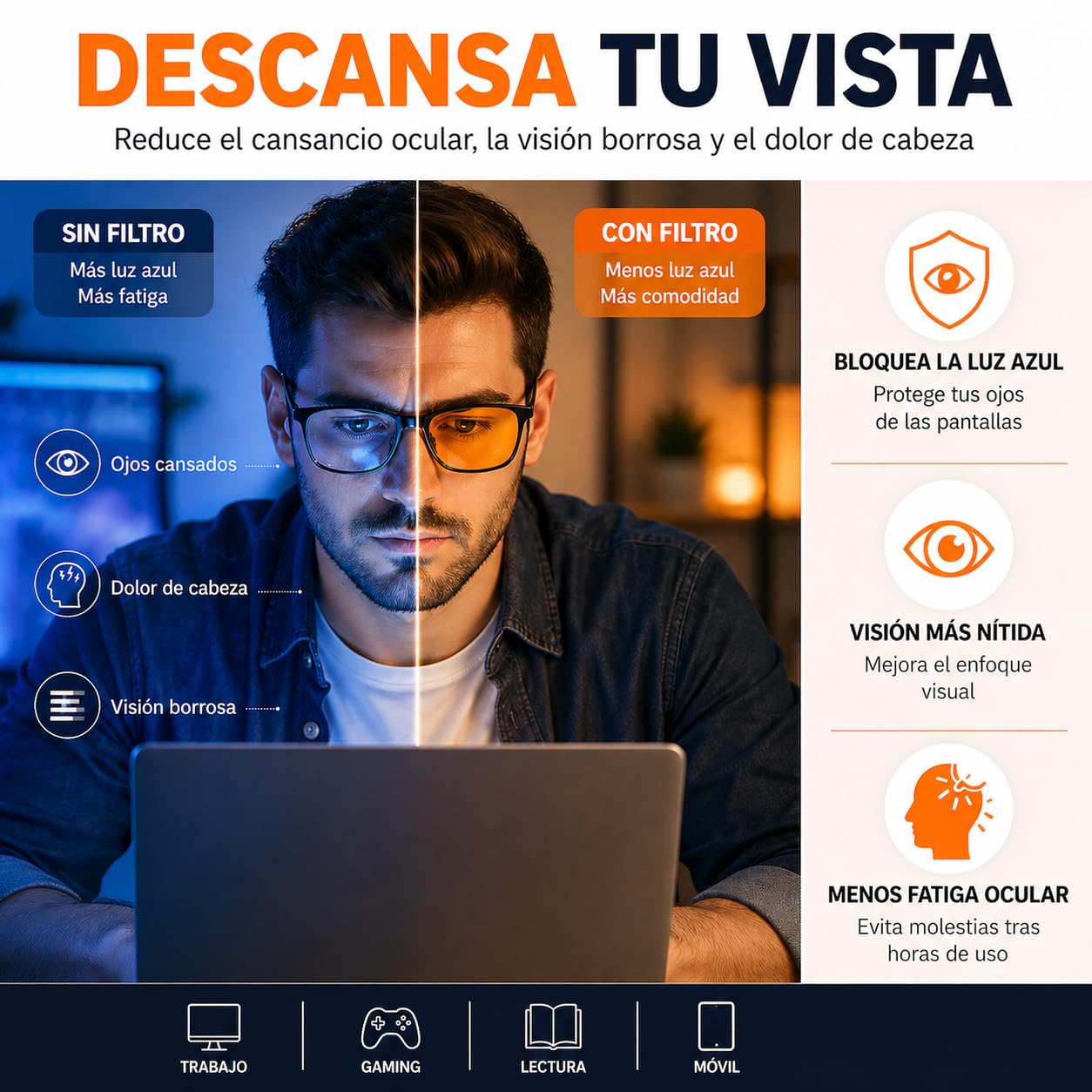 SUUM Clip-On de Pinza Abatible Filtro Luz Azul para Gafas Graduadas - Lentes Naranja Antifatiga para Pantallas y Lectura - Clip Luz Azul para Gaming y Trabajo con Visión Dual