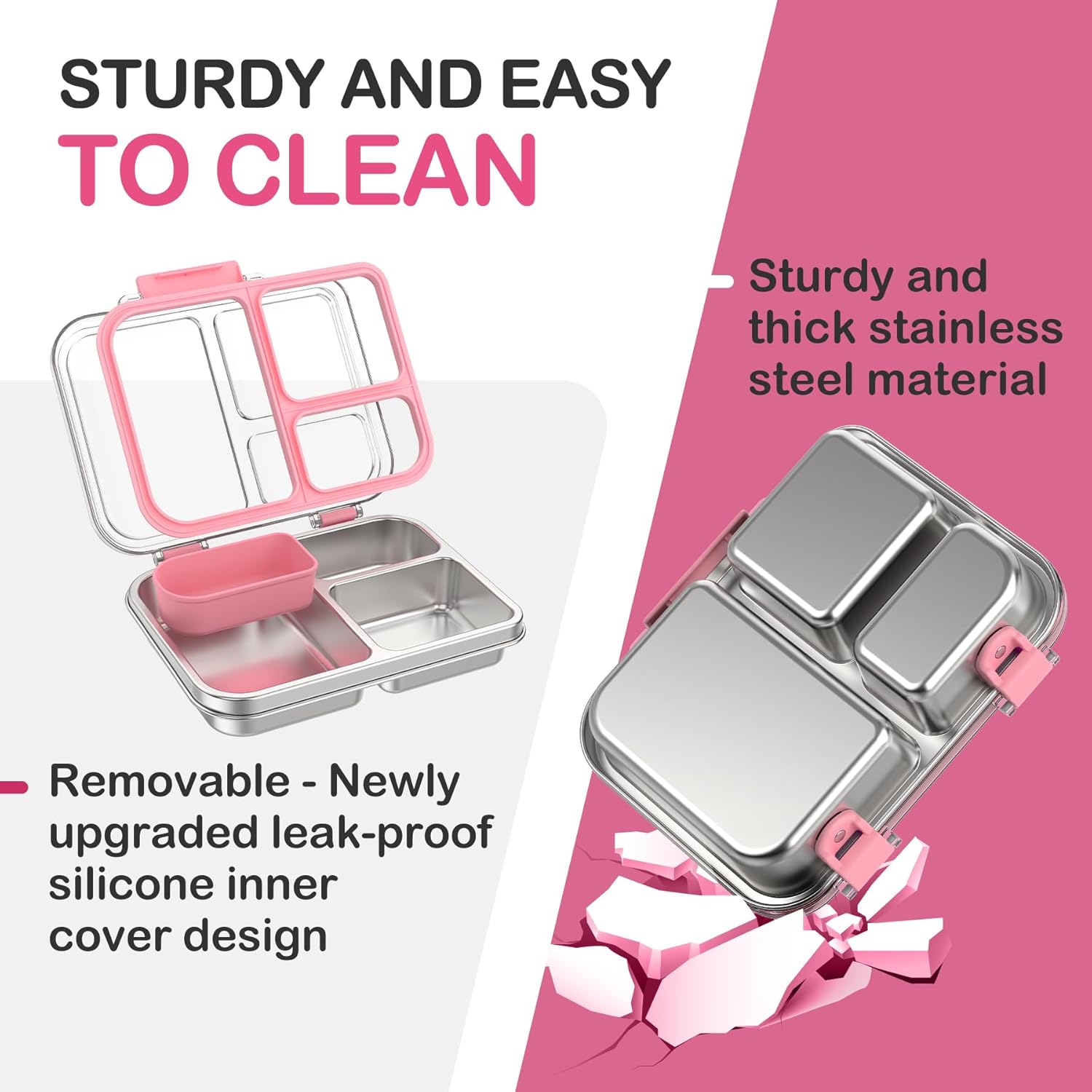 Stainless Steel Bento Lunch Box for Kids Adults, 3 Compartments Metal Bento Box with Transparent Lid & Silicone Container for Kids,Dishwasher-Safe,School & Travel,BPA-Free(Pink)