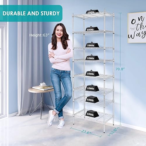 Miniatura 5 de BNSPLY Estantería de alambre de 8 niveles de alto, estantes de alambre ajustables con certificado NSF, estante de almacenamiento de metal estrecho