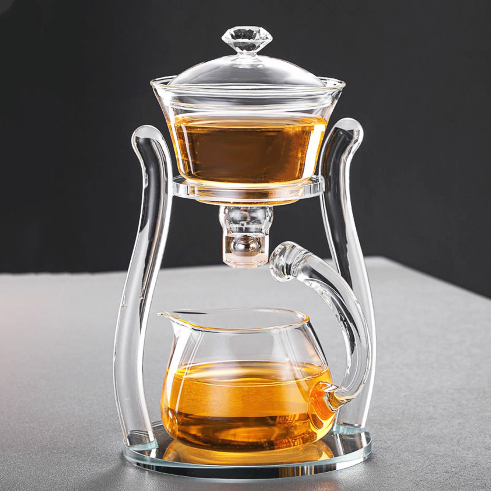 Lazy Kungfu Teapot, Glass Semi-Automatic Tea Maker, Suction Automatic Water Brewing, Office Flower Glass Tea Set (Clear Teapot, 350ml, Transparent)
